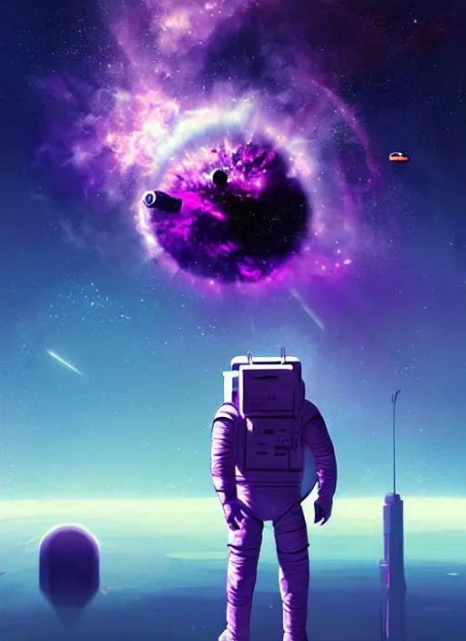 Image similar to sci - fi art, astronaut watching earth from space, purple nebula in the background, art by ismail inceoglu