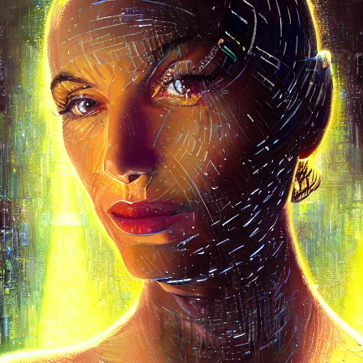 Prompt: detailed face of a woman, large hadron collider, dimensional portal, teleportation, wet reflections, prism, atmospheric, ambient, pj crook, syd mead, livia prima, artgerm, greg rutkowski, nick alm, casey baugh