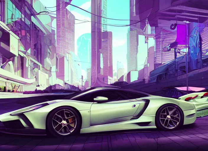 Prompt: a sport car in a city. sharp focus, cinematic pose, cinematic lighting, unreal engine render. art by josan gonzales and moebius and deathburger.