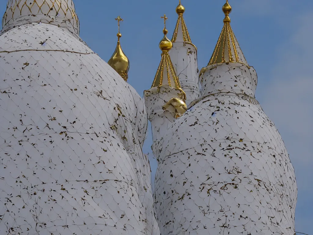 Prompt: a white dove upside down in front of the kremlin moscow russia onion dome photograph