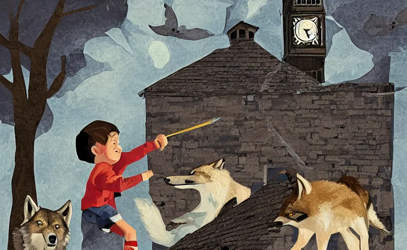 Prompt: a boy fighting a wolf on the edge of a clocktower, digital gouache, print