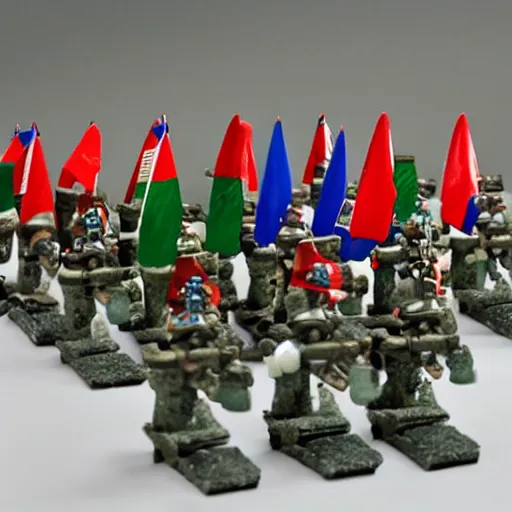 Image similar to a war between two factions of nutcracker armies, each with a different color and flag. Small, tiny, toy war,