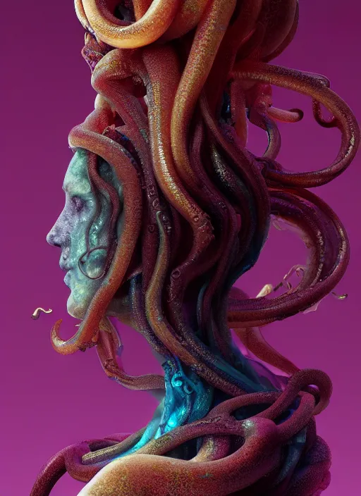 Prompt: subsurface scattering, medusa made of soft wax, cgsociety, translucent, organic squid art nouveau swirls, biomechanical, colored smoke, gold cables, in the style of alberto seveso and ruan jia and beeple and giger, mystical colors, back light, rim light, dramatic lighting, 8 k, stunning scene, raytracing, octane render