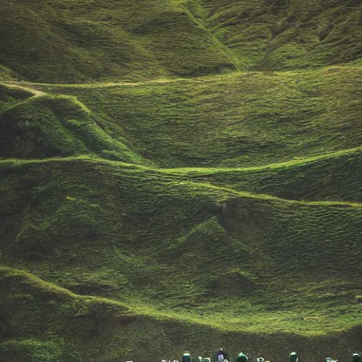 Prompt: action shot of giant men and women with pale green skin marching through a mountain pass, fantasy setting, hyperreal, highly textured, god rays, award winning, shallow depth of field, dslr, grainy