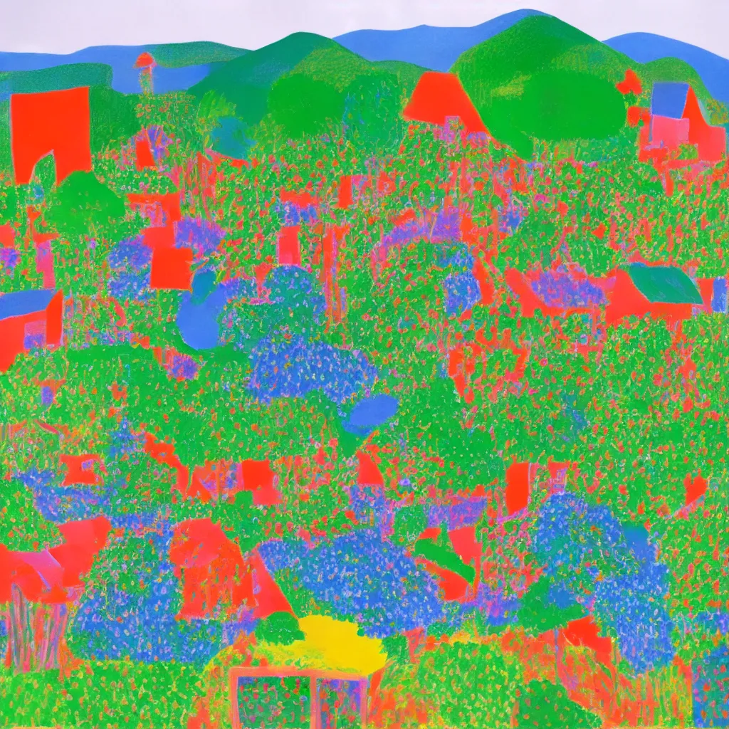 Prompt: dream an ecovillage 2030 David Hockney,