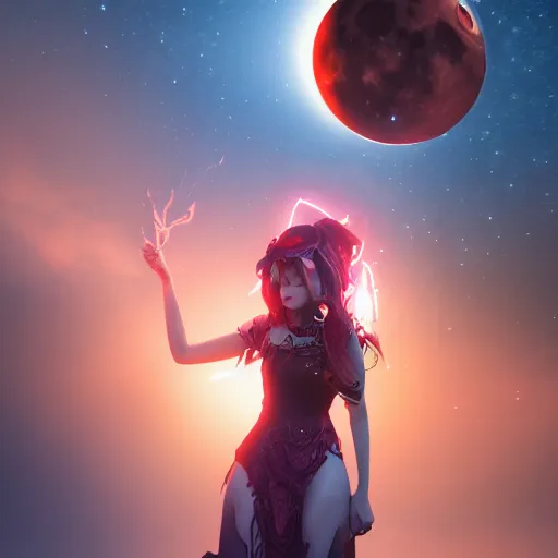 Image similar to a beautiful female bloodmoon witch character, character is in all its glory, character is in her natural relaxed pose, full body shot, rim lights, particles and dust in the air, fancy clouds, highly detailed professional photo, dynamic lights, particles are flying, depth of field, trending on artstation, professional illustration, hyper realistic, vray caustics, super detailed, colorful accents, cinematic shot