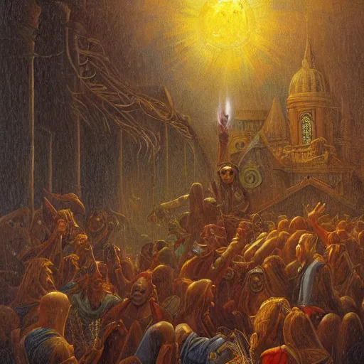 Image similar to Miltonian disasterpiece baleful rain mesmerizing inner sanctum of the most venerable and beautiful truth, in the style of Jeff Easley, Grant Wood, Ken Kelly, Élisabeth Vigée Le Brun, dramatic lighting, establishing shot, detailed and realistic faces, 8k resolution – W 1024