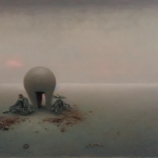 Image similar to camp by Zdzisław Beksiński, oil on canvas