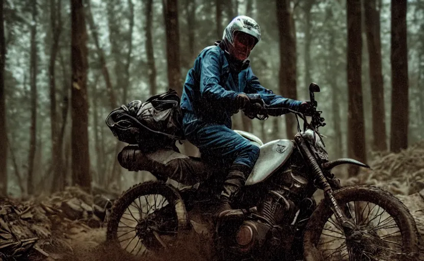 Image similar to cinestill 5 0 d candid photographic portrait by steve mccurry of joe biden wearing rugged black mesh techwear riding on a dirtbike through a deep forest, extreme closeup, modern cyberpunk moody emotional cinematic, snow storm, 8 k, hd, high resolution, 3 5 mm, f / 3 2, ultra realistic faces, ex machina