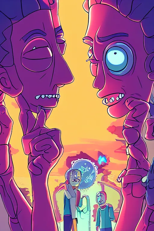 Prompt: portrait concept art painting of alternate reality rick and morty, artgerm, moebius, inio asano, toon shading, cel shading, smooth, calm, tranquil, vaporwave colors,