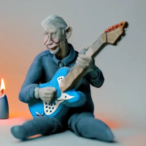 Image similar to Claymation art of a old man playing guitar, 100mm, candle lightning, industrial colours, extremely detailed, 4K