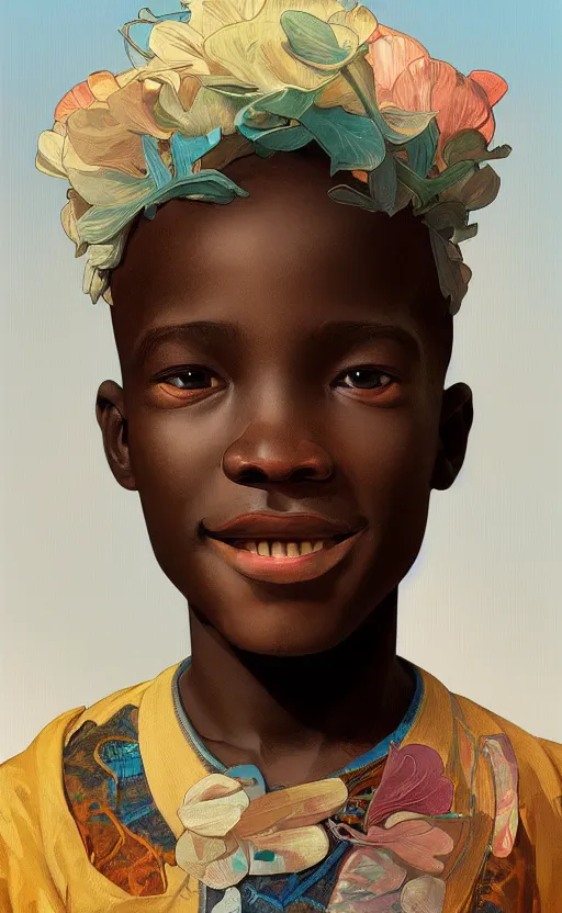 Image similar to colourful upper half portrait of an african boy with sliver teeth grillz, art by hsiao - ron cheng & alphonse mucha, highly detailed, digital painting, ray tracing, concept art, illustration, smooth sharp focus, intricate, symmetry, artstation,