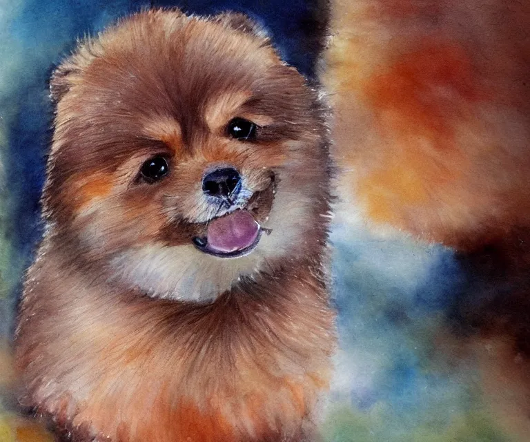 Image similar to brown pomeranian, cute, water painting