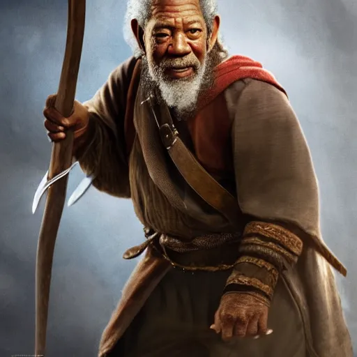 Prompt: morgan freeman starring as gimli in lord of the rings, full body, high detail shot, smoking, render, cgsociety, photorealism