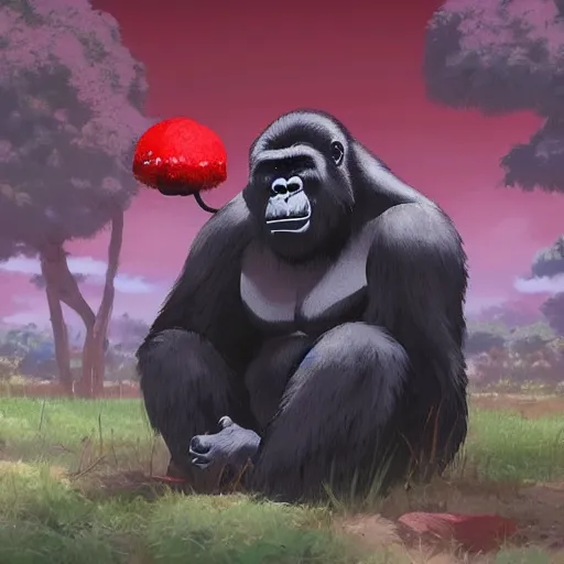 Image similar to gorilla wearing a black shirt, holding a red mushroom, landscape illustration concept art anime key visual trending pixiv fanbox by wlop and greg rutkowski and makoto shinkai and studio ghibli and kyoto animation