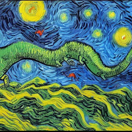 Prompt: painting of the extinction of the dinosaurs, in the style of vincent van gogh