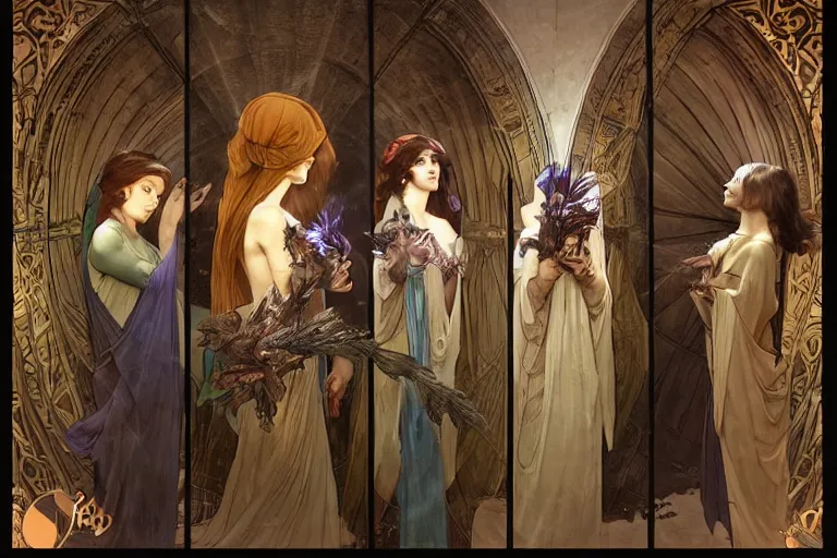 Image similar to inside a tomb, dark scene, light coming in from the left, 3 women crouching in colored robes, 2 angels with feathered wings | medium close | fibonacci composition, by artgerm, greg rutkowski, alphonse mucha