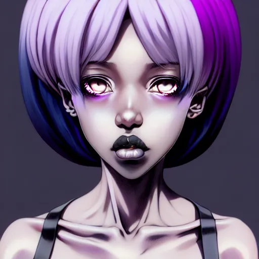 Prompt: portrait of a black anime manga girl, french bob hair, white hair, purple colored eyes, by artgerm, james jean, tom bagshaw, gerald brom, vaporwave colors, lofi colors, vaporwave, lofi, goth vibe, 4 k, smooth, hd, substance designer render, full body character concept art, symmetrical, 2 point lighting,