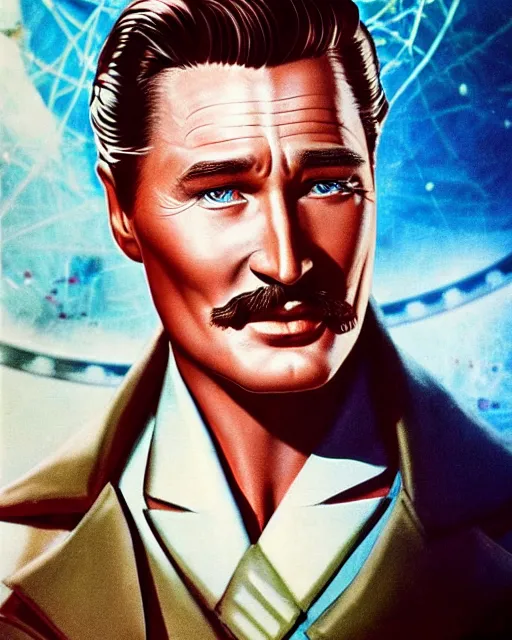 Image similar to Errol Flynn as a scientist. 1980s dystopian Soviet Russia, propaganda screens. Unreal engine, fantasy art by Yuliya Litvinova. Faithfully depicted facial expression, perfect anatomy global illumination, radiant light, detailed and intricate environment