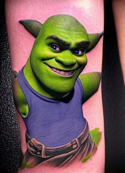 Image similar to 😆 Shrek, dope tattoo, hyperrealistic