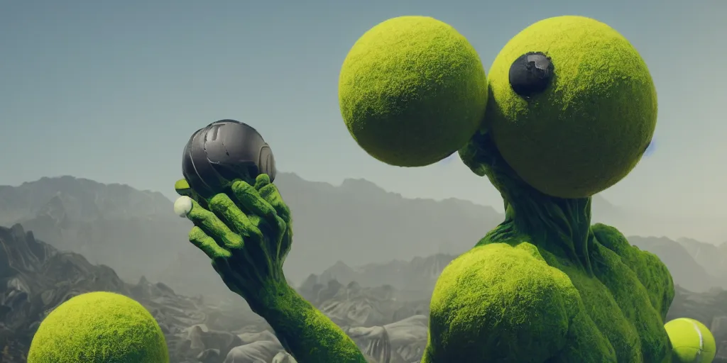 Image similar to a photo of 8 k ultra realistic giant tennis ball monster statue, tennis ball monsters, exotic, cinematic lighting, trending on artstation, 4 k, hyperrealistic, focused, high details, unreal engine 5, cinematic, alien planet atmosphere in background, 3 d render by basil gogos and beeple