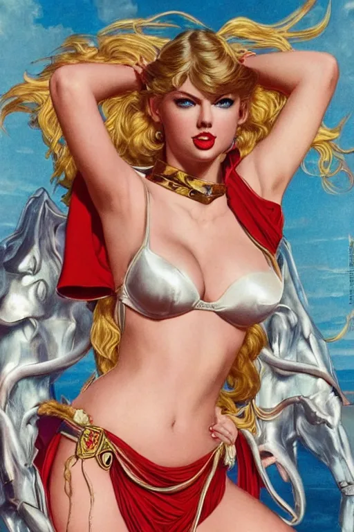 Prompt: she - ra : : taylor swift : : kate upton body : : portrait : : full body : : decadent highly - detailed digital photo : : art by helmut newton and mucha, master prime lenses, cinematic