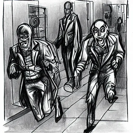 Prompt: drawing of people running away scared from a crypto evil villain