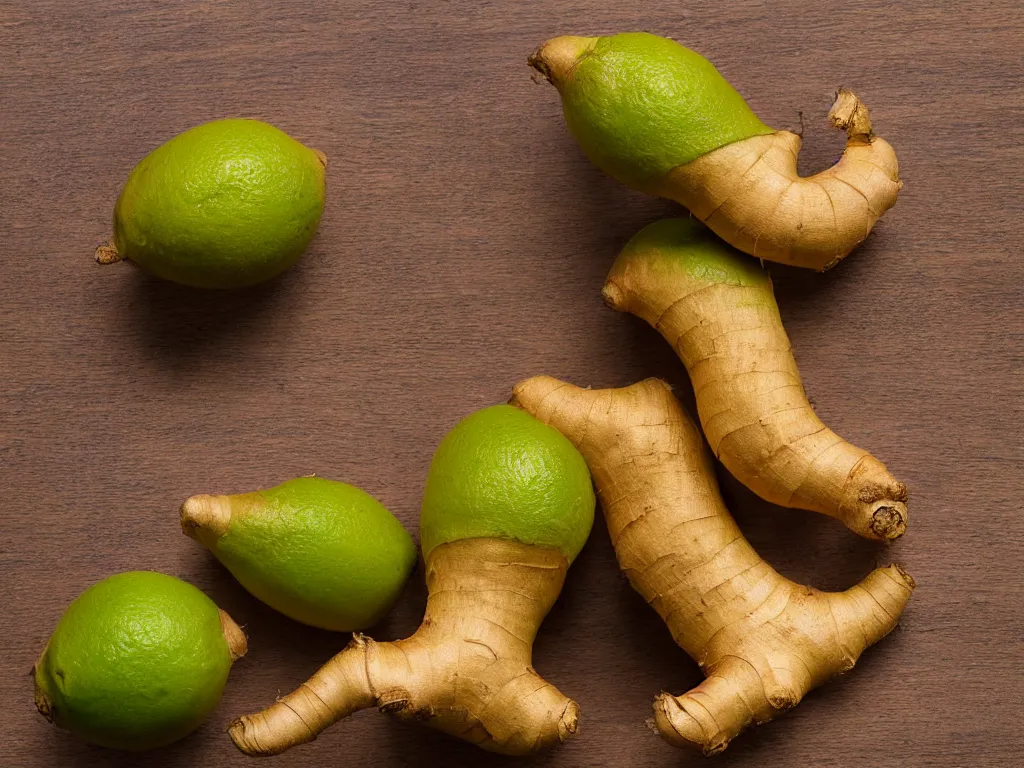 Prompt: still life, hyper detailed image of a ginger root leaning against a perfect lime, on a wooden table, studio lighting, sigma 55mm f/8