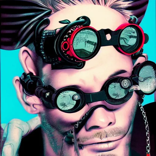 Image similar to close up portrait of a cyberpunk goth guy wearing goggles and eccentric jewelry, by jamie hewlett, jamie hewlett art,