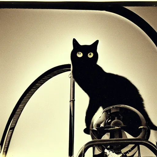 Prompt: black cat in a rollercoaster. the cat looks happy. sunlight. polaroid photo. sepia. grainy.