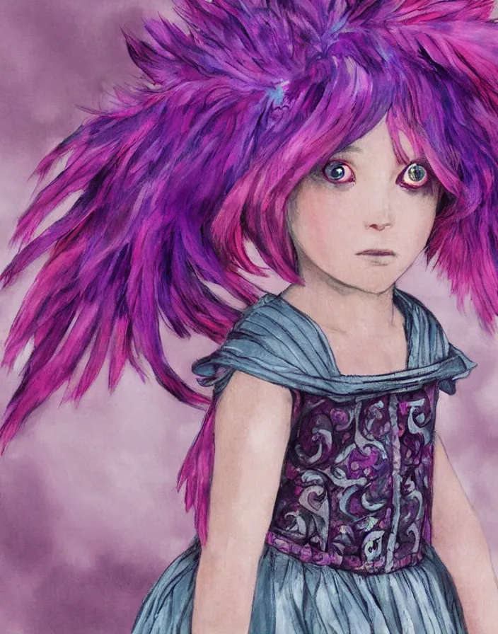 Image similar to little girl with eccentric pink hair wearing a dress made of purple feather, art by dcwj