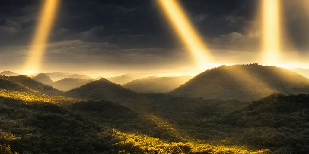 Image similar to twilight cinematic landscape atmospheric god-rays!! national geographic award winning