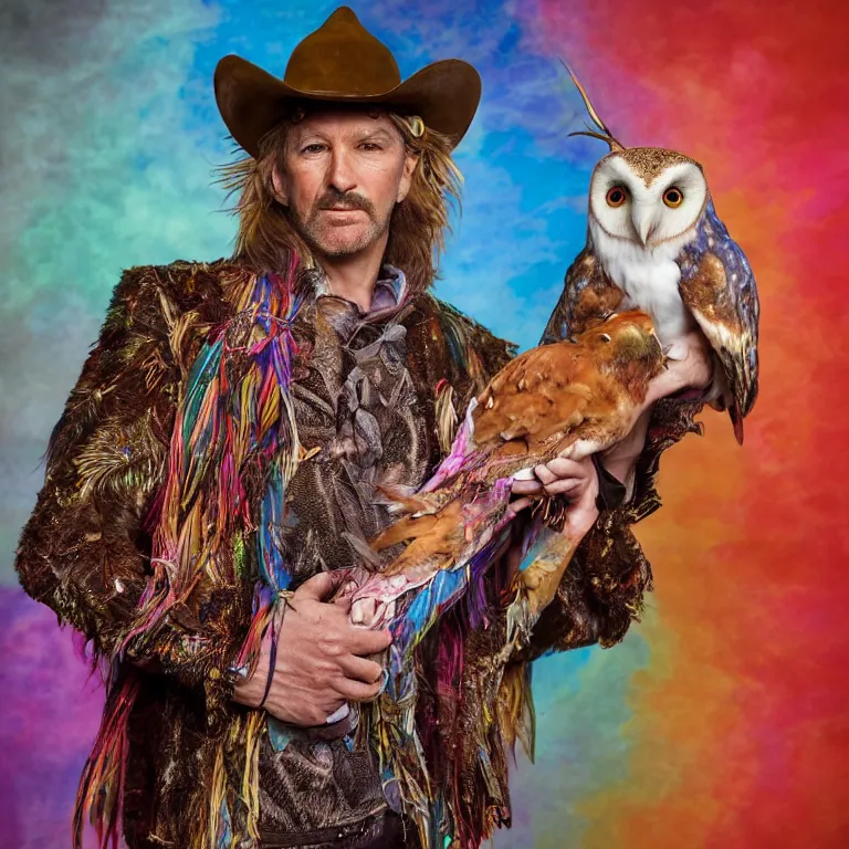 Image similar to high fashion photoshoot octane render portrait by wayne barlow and carlo crivelli and glenn fabry, a distinguished psychedelic cowboy wearing a colorful wes anderson designed cowboy costume and holding a barn owl inside a high - end exotic colorful pastel vintage boutique hotel lounge, very short depth of field, bokeh