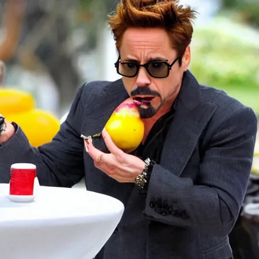 Image similar to robert downey jr. eating a mango.