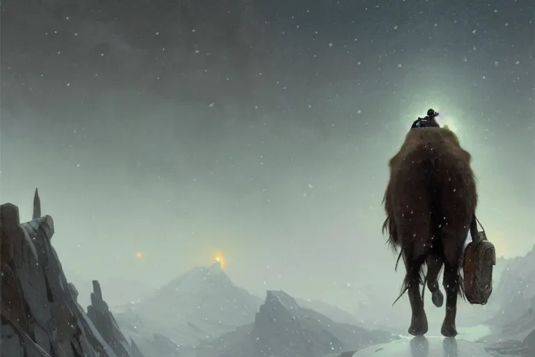 Image similar to a mammoth walking in a terrible snowstorm, luminous sky, by greg rutkowski and alphonse mucha, gradient brown to white, rocky mountains background, highly detailed landscape, digital painting, artstation, concept art, smooth, sharp focus illustration