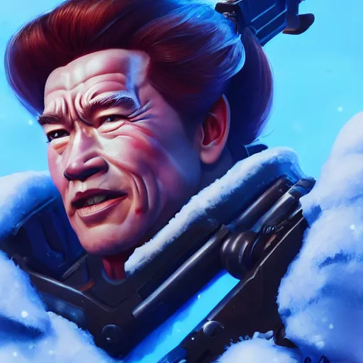 Image similar to a screenshot of arnold schwarzenegger as mei in the snow shooting frost gun in overwatch, portrait, fantasy, beautiful face, vivid colors, elegant, concept art, sharp focus, digital art, hyper - realistic, 4 k, unreal engine, highly detailed, hd, dramatic lighting by brom, trending on artstation