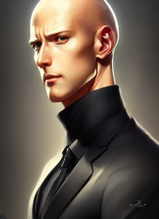 Image similar to ultra realistic illustration, handsome saitama. intricate, elegant, black suit, highly detailed, digital painting, artstation, concept art, smooth, sharp focus, illustration, art by artgerm and greg rutkowski and alphonse mucha and wlop