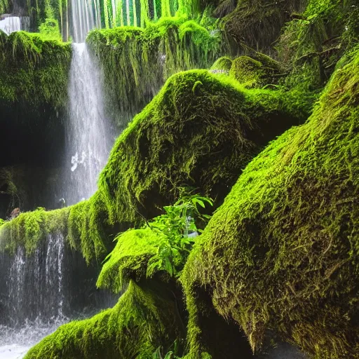 Prompt: An underground rotting city full of moss and shrubbery, surrounded by endless waterfalls