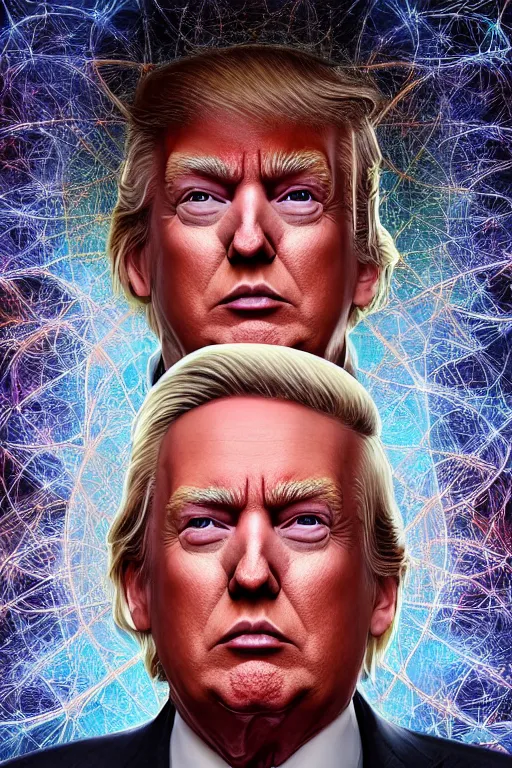 Prompt: cinematic portrait of an Donald Trump . Centered, uncut, unzoom, symmetry. charachter illustration. Dmt entity manifestation. Surreal render, ultra realistic, zenith view. Made by hakan hisim feat cameron gray and alex grey. Polished. Inspired by patricio clarey, heidi taillefer scifi painter glenn brown. Slightly Decorated with Sacred geometry and fractals. Extremely ornated. artstation, cgsociety, unreal engine, ray tracing, detailed illustration, hd, 4k, digital art, overdetailed art. Intricate omnious visionary concept art, shamanic arts ayahuasca trip illustration. Extremely psychedelic. Dslr, tiltshift, dof. 64megapixel. complementing colors. Remixed by lyzergium.art feat binx.ly and machine.delusions. zerg aesthetics. Trending on artstation, deviantart