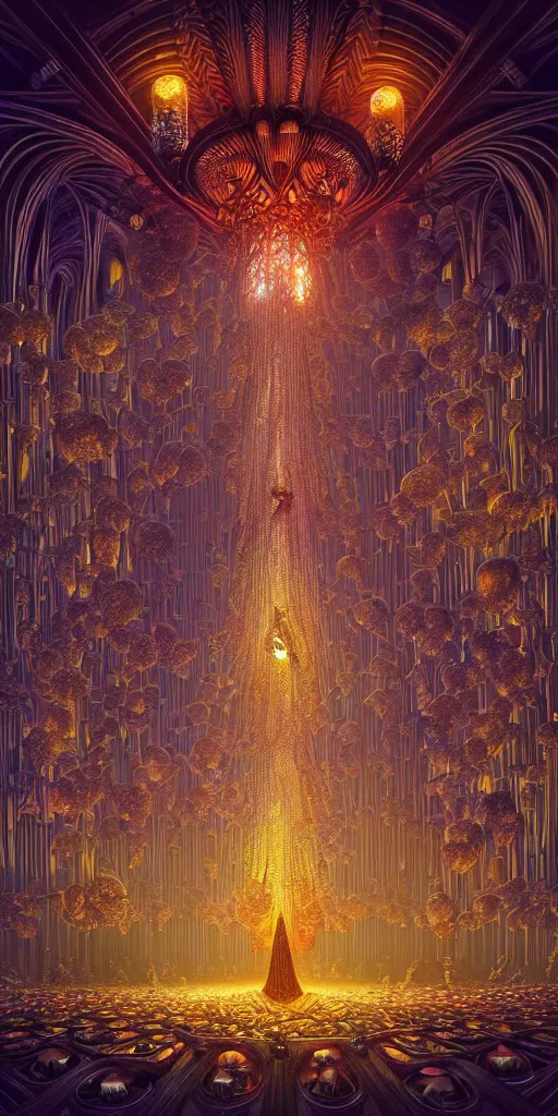 Image similar to Energetic gothic organ made of mushrooms portrait, Art Deco nature, fantasy, intricate art deco mushroom designs, elegant multidimensional cathedral of plants, glowing prismatic fractal chandeliers, highly detailed fractals, sharp focus, art by Artgerm and beeple and Greg Rutkowski and WLOP