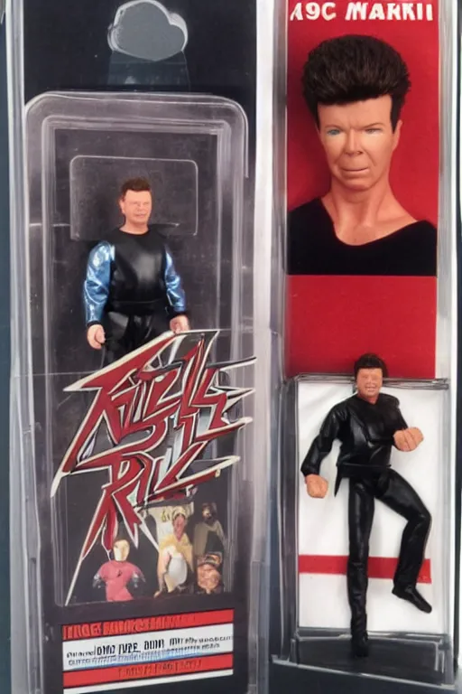 Image similar to rick astley as a 1 9 8 0 s wrestling action figure, explosion background