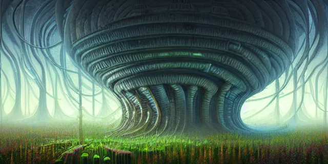 Image similar to painting alien nature labyrinth consuming futuristic mega city from blade in the style of nebulapunk by tomasz alen kopera and daniel lieske with futuristic castle by simon stahlenhag