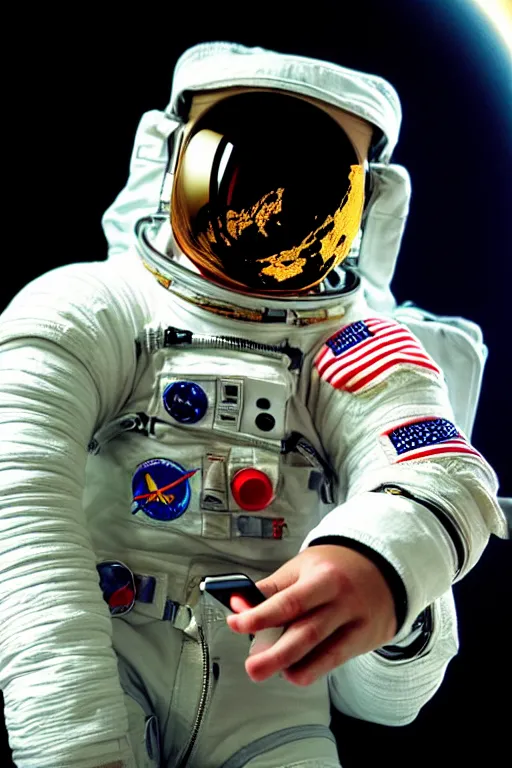 Image similar to extremely detailed studio portrait of space astronaut taking a selfie, holds a smart phone in one hand, phone!! held up to visor, reflection of phone in visor, moon, extreme close shot, soft light, golden glow, award winning photo by letizia battaglia