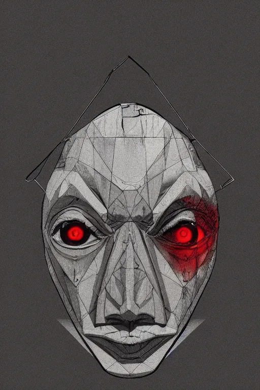 Image similar to portrait of triangle shaped ogre head with single centered giant bloodshot eye, in the style of Greg Broadmore and Arthur Rackham,trending on artstation, light lighting side view,digital art,surrealism ,macro,blueprint ,vaporwave ,