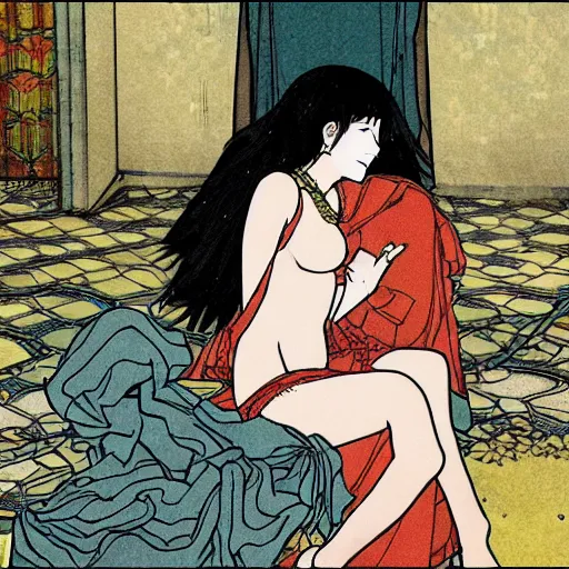 Image similar to Dido of Carthage in her palace, relaxed and candid, anime portrait by Satoshi Kon and Junji Ito