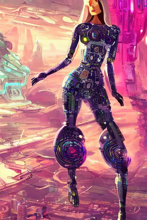 Prompt: attractive female android in feminine pose on a hyper-maximalist overdetailed retrofuturist scifi bookcover illustration from '70s. Inspired by wlop. Biopunk, solarpunk style. Daytime