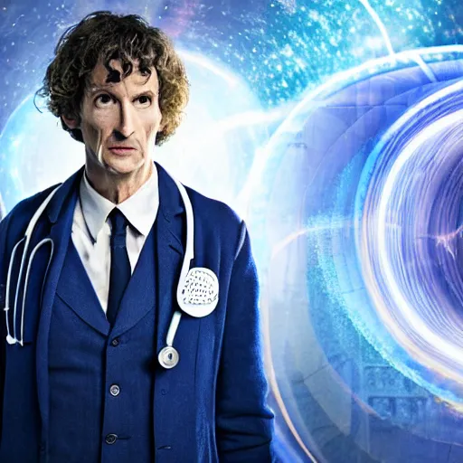 Image similar to a beautiful full body photograph of the doctor, time vortex in the background, detailed face, symmetrical face, extreme realism and detail, 8 k, completely framed, direct lighting, 3 5 mm photo, photorealistic, sharp focus