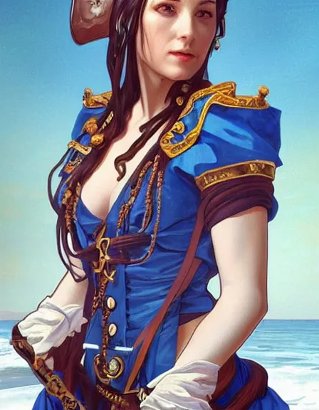 Prompt: fully clothed armed female pirate captain. sun, summer, blue eyes, beauty, wisdom, love, strength, knowledge, smart, portrait, symmetrical, highly detailed, digital painting, artstation, smooth, sharp focus, illustration, strength, art by artgerm and alphonse mucha and louis theophile hingre. 8 k