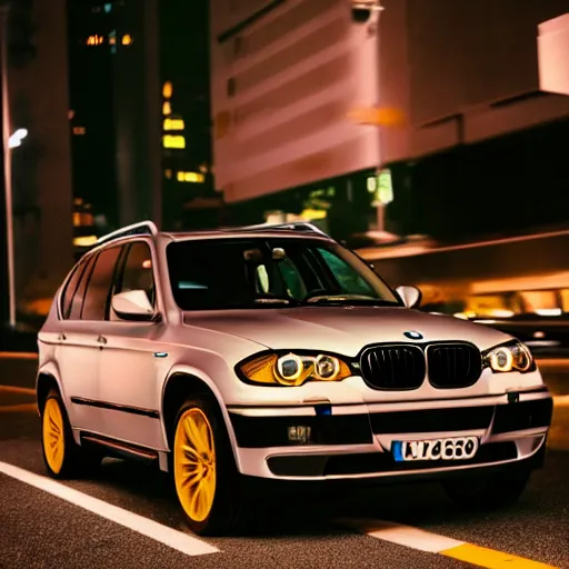 Image similar to photo of a bmw x 5 2 0 0 3 at night driving fast through a city, cinematic, 4 k, long exposure photography, tokyo drift, fast and furious, kodak portra 4 0 0