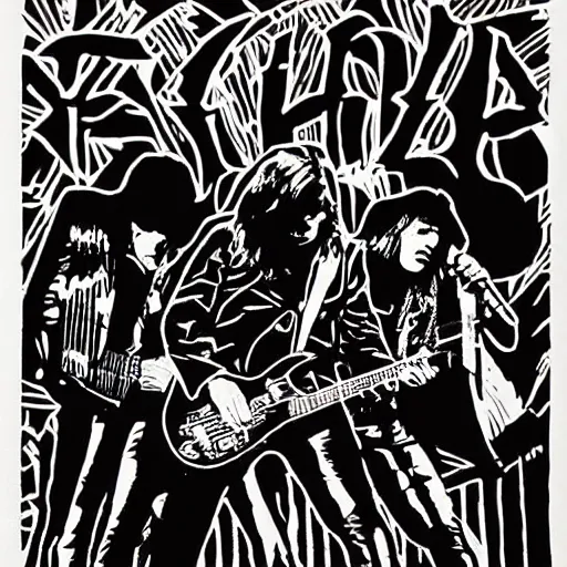 Image similar to a linocut engraving of black sabbath playing a concert